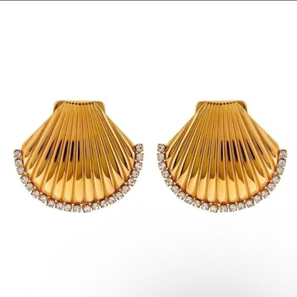 Anthropologie Seashell 18K Gold Stainless Steel Waterproof Crystal Earrings - Picture 7 of 10